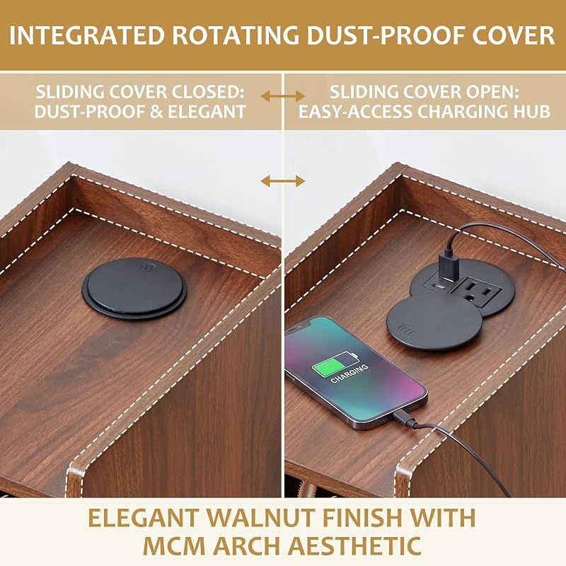 Ultra Narrow Nightstand Set of 2 with Charging Station — Walnut 2 Packs, 2 Drawers & Open Shelf