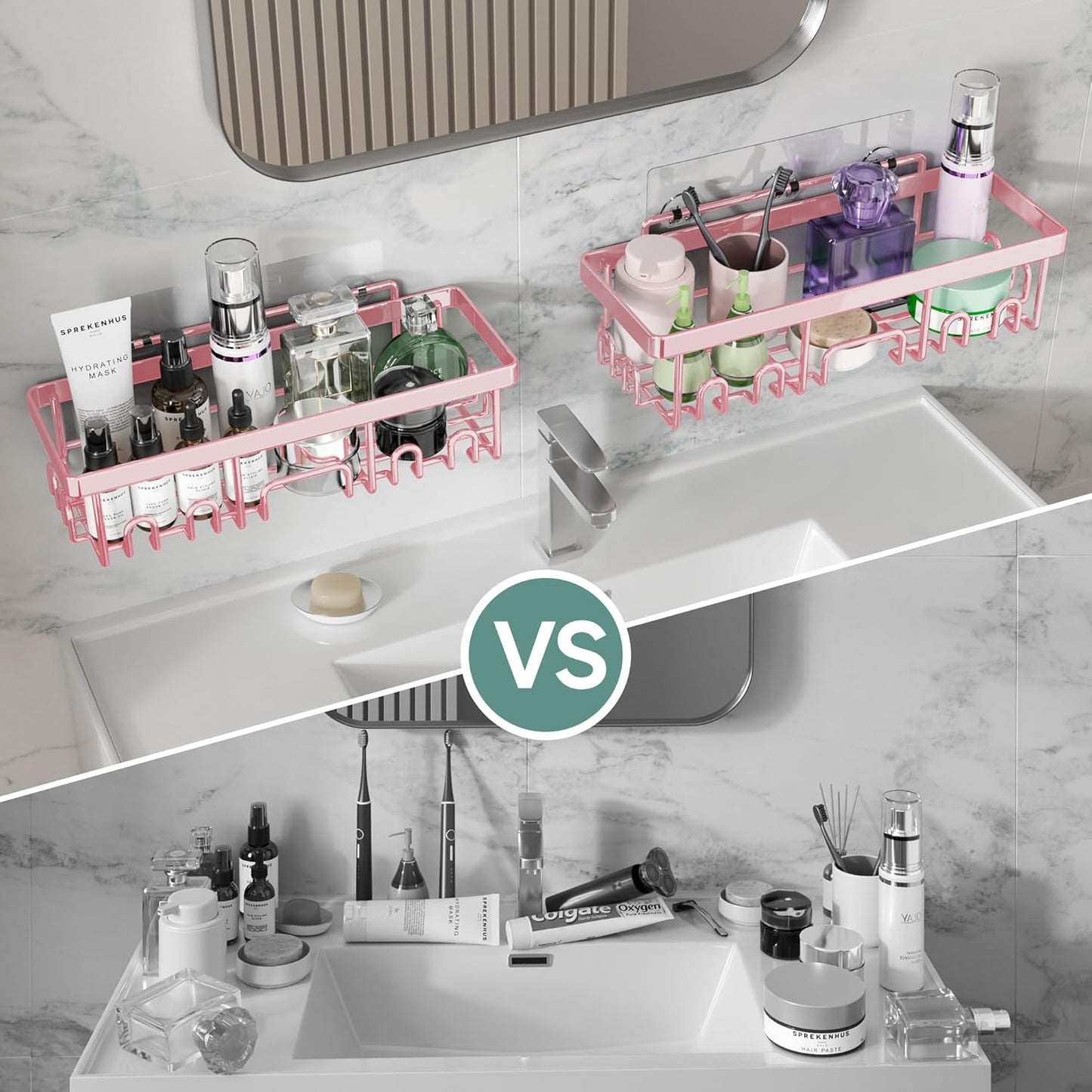 Veken Shower Caddy - Large Capacity 6-Pack, Rustproof & No Drilling | Adhesive Bathroom Organizers - Pink
