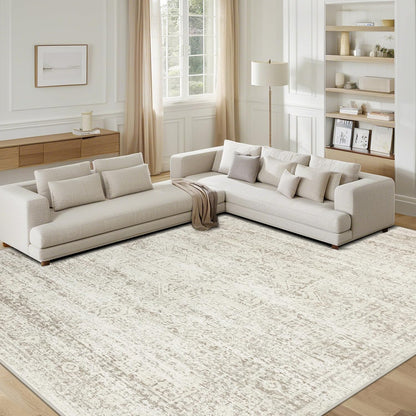 Srugn Washable Area Rugs - Ultra Soft Faux Wool 10x14 Living Room Carpet | Non-Slip Vintage Print Rug