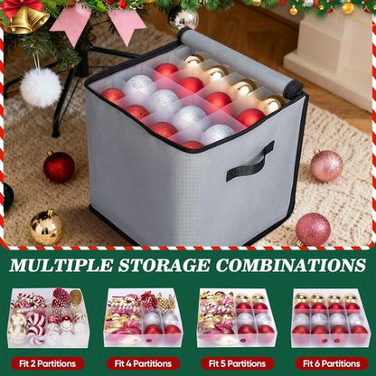 BALEINE Christmas Ornament Storage Box - Premium Holiday Container with Dividers for 64 Balls - Green