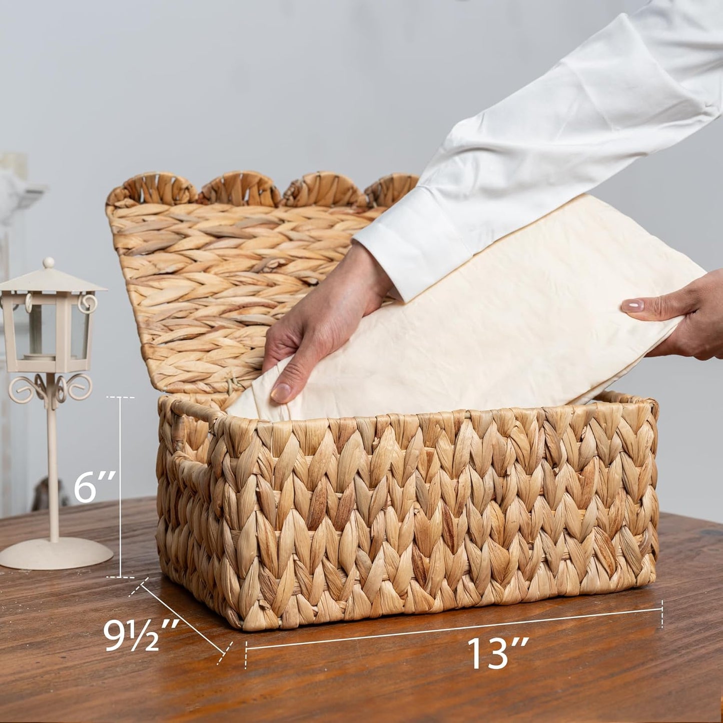 StorageWorks Wicker Basket - Handwoven Water Hyacinth with Scalloped Edge Lid | 13" L x 9.5" W x 6" H