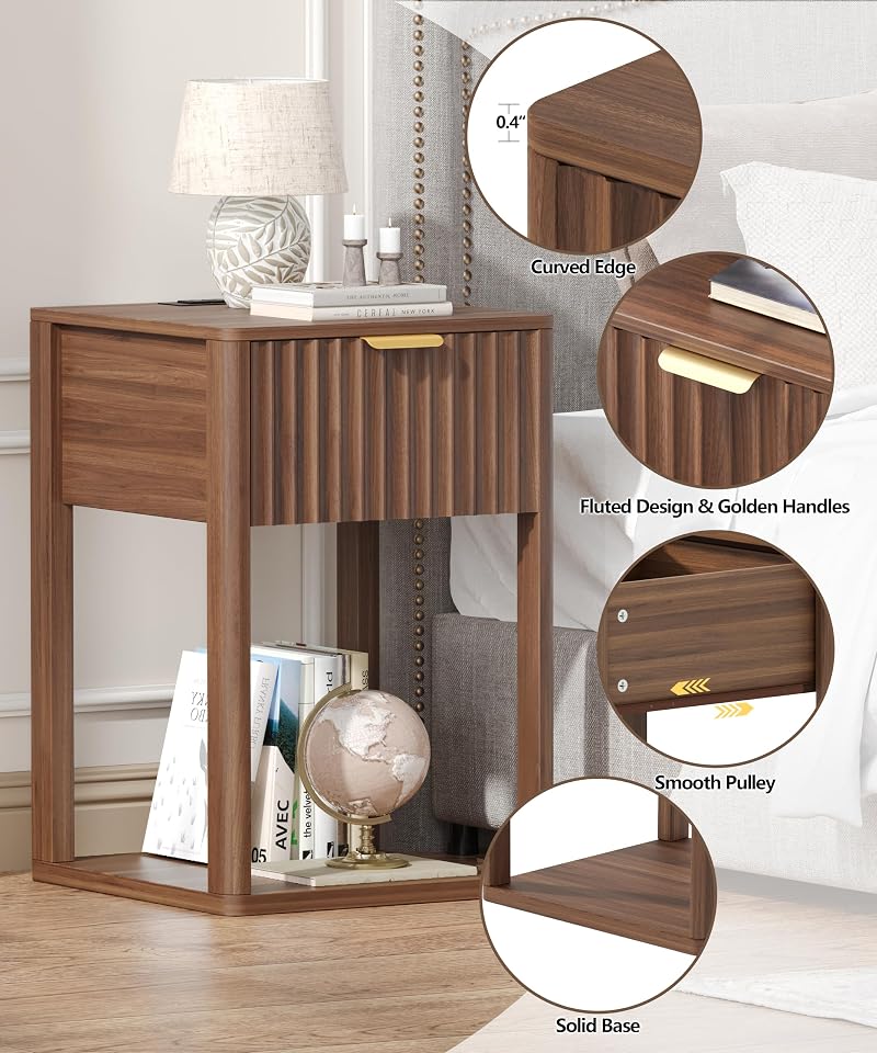 Nightstand Set 2 with Charging Station - Walnut Fluted Bedside Tables