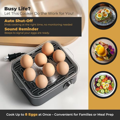 Annie & Mia Design Stainless Steel Electric Egg Cooker - 8 Egg Capacity, Auto Shut-Off, Recipe Guide (Black)