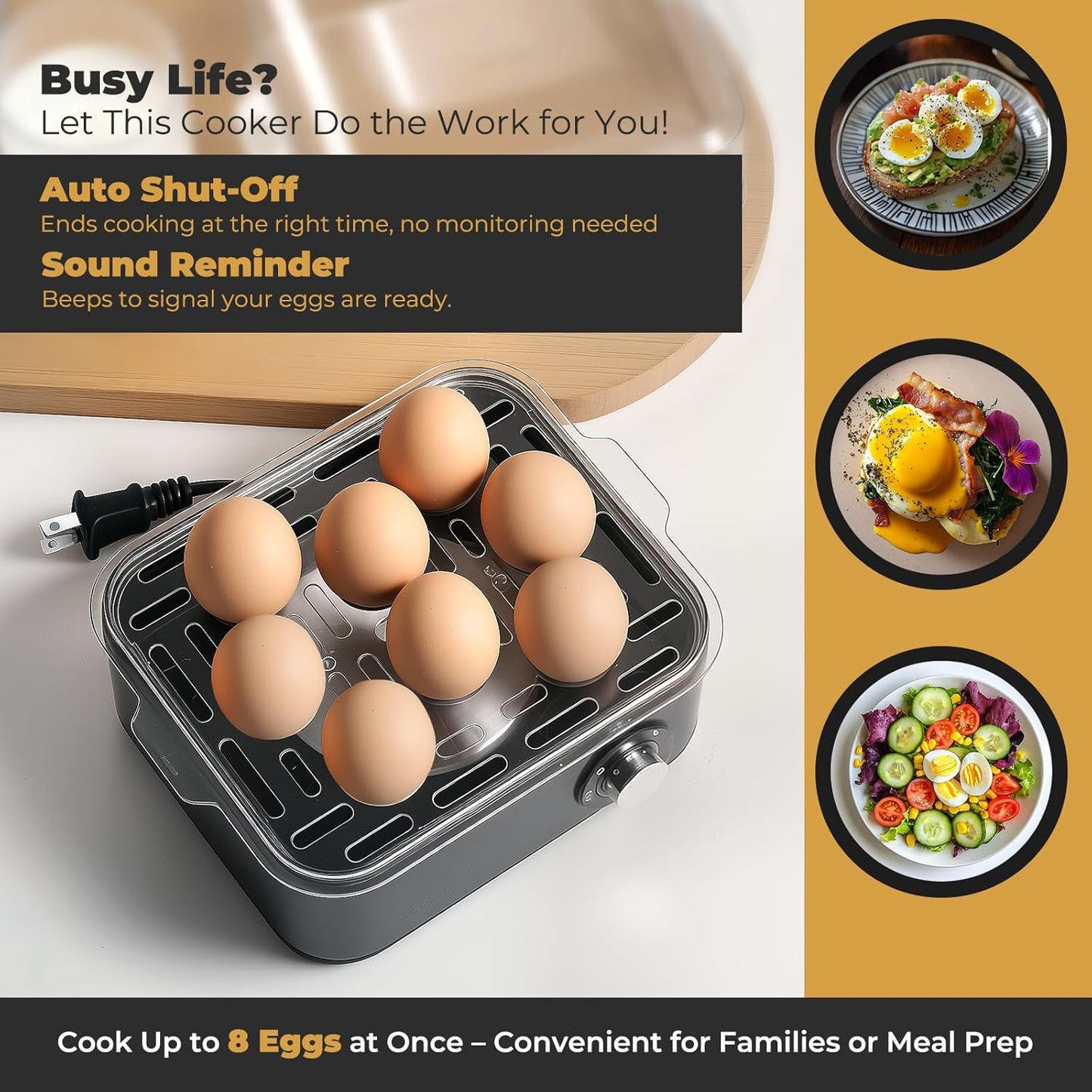 Annie & Mia Design Stainless Steel Electric Egg Cooker - 8 Egg Capacity, 500W, Auto Shut-Off, Recipe Guide (Black)
