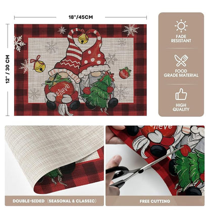 Gnomes Red Buffalo Plaid Christmas Placemats Set of 4, 12 x 18 in, Washable Vinyl