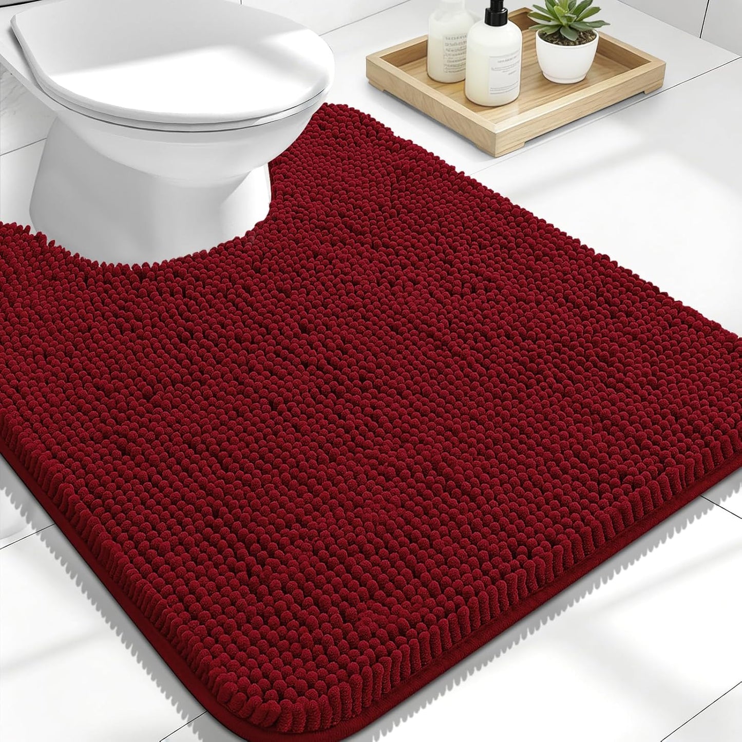 OLANLY U-Shaped Toilet Rug - Extra Soft, Absorbent Chenille Bathroom Mat | 24x20, Red, Non-Slip, Machine Washable