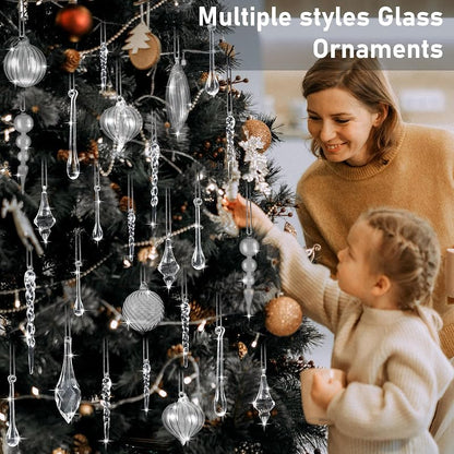 24 Pack Clear Christmas Ornaments - Glass Balls & Acrylic Drops Set
