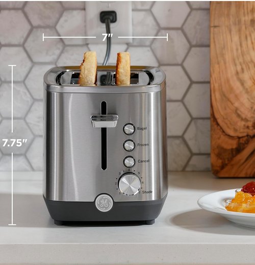 GE 2-Slice Stainless Steel Toaster - Extra Wide Slots for Bagels & Waffles | 7 Shade Settings, Removable Crumb Tray