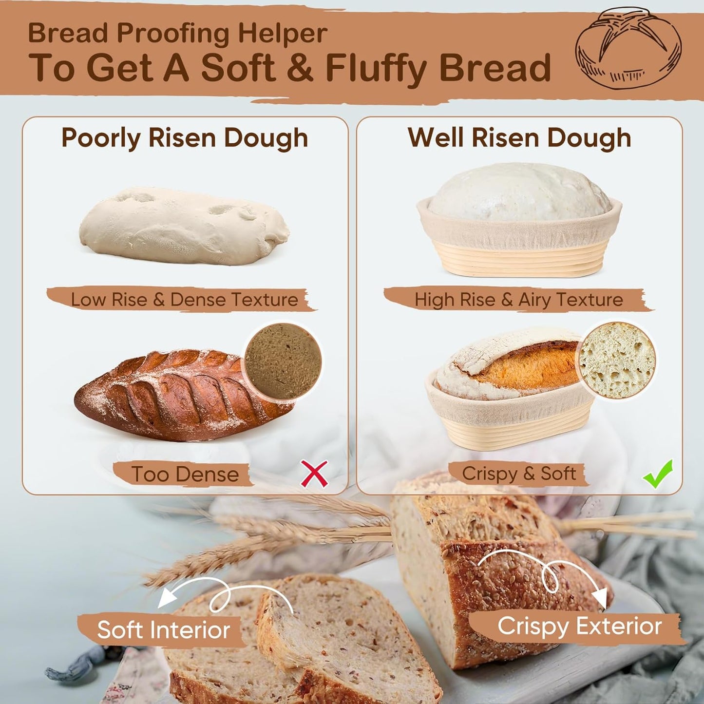TeamFar Sourdough Bread Proofing Basket Set - 10 Inch Oval Baskets with Liner for Perfect Dough Fermentation
