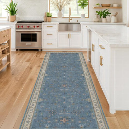 Hazo Haus Non-Slip 10ft Hallway Runner Rug - Washable & Waterproof Blue 2x10 Kitchen Mat | Modern Boho Design