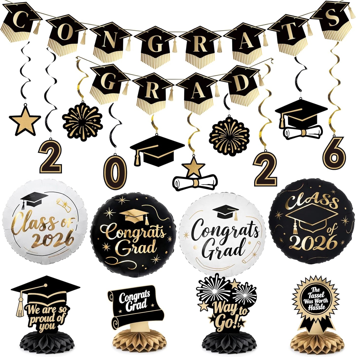 PartyWoo Graduation Decorations - Class of 2026 Black & Gold 19-Piece Set with Banner & Balloons