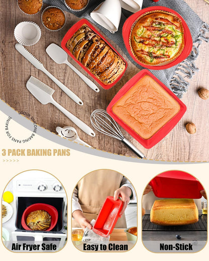 Silicone Baking Pans Set - Nonstick Bakeware with Loaf Pan & Square/Round Cake Pans | Oven & Dishwasher Safe