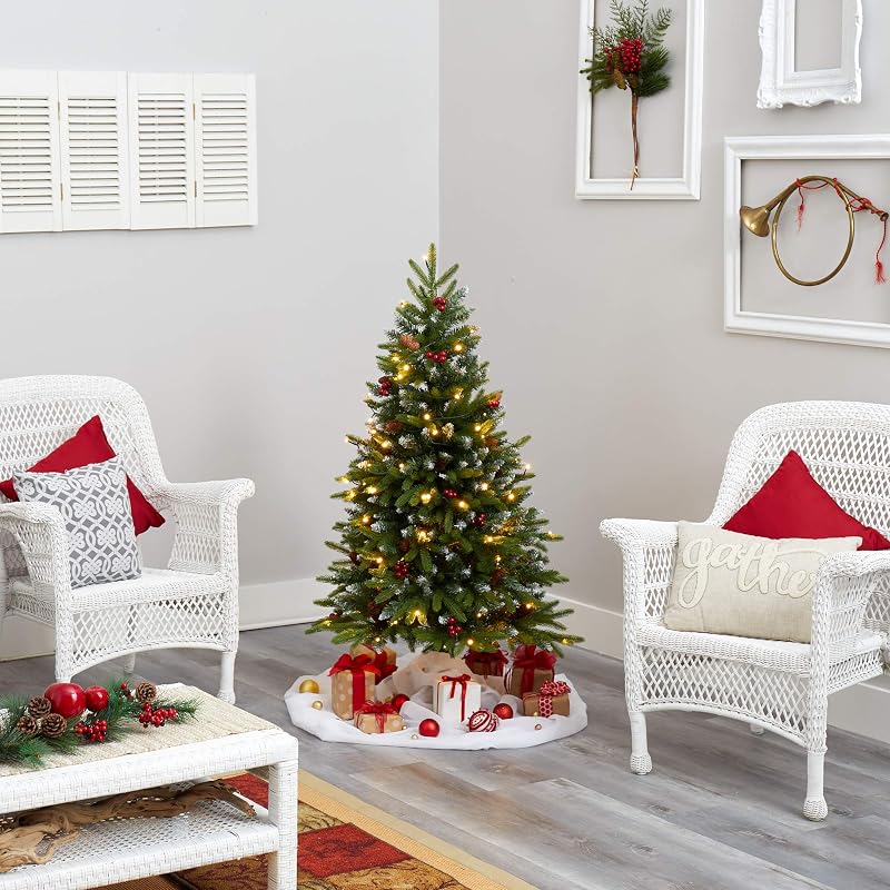 Snow Tipped Portland Spruce Prelit Christmas Tree, 4 ft with Frosted Berries & Pinecones - 100 LED Lights
