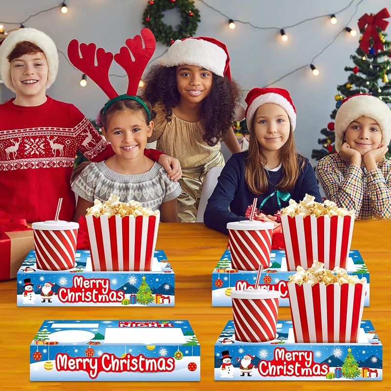 Christmas Movie Night Snack Tray Set – 32pc Paper Popcorn & Drink Holders for Party, Snowman & Santa Snow-themed