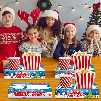 Christmas Movie Night Snack Tray Set – 32pc Paper Popcorn & Drink Holders for Party, Snowman & Santa Snow-themed