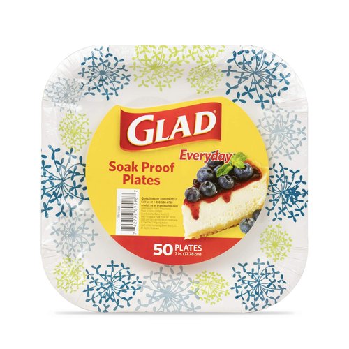 Glad Everyday Round Paper Plates, Blue Hydrangea Print Disposable Dessert and Appetizer Plates for Meals and Parties, Soak Proof and Cut Resistant, Microwave Safe Tabletop Plates, 7 Inch, 50 Count
