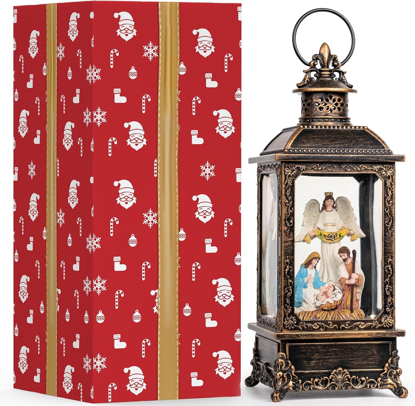 VISFLAIR Christmas Snow Globe - Lighted Angel & Nativity Scene | Musical Water Lantern, Battery or USB Powered Holiday Decor