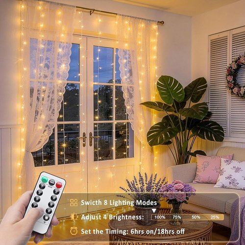 JMEXSUSS 200 LED Curtain Lights - Warm White Fairy Lights with Remote | 6.5ft x 6.5ft for Wedding & Party Decor