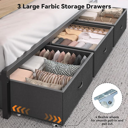 FreeHouse King Size Bed Frame with Storage Drawers, Grey Engineered Wood