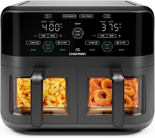 CHEFMAN 6 Quart Dual Basket Air Fryer - Easy View Windows, Sync Finish, Auto Shutoff | Black