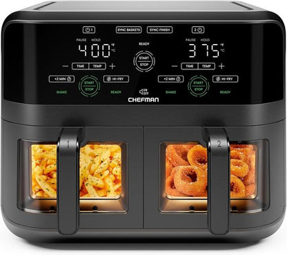 CHEFMAN 6 Quart Dual Basket Air Fryer - Easy View Windows, Sync Finish, Auto Shutoff | Black