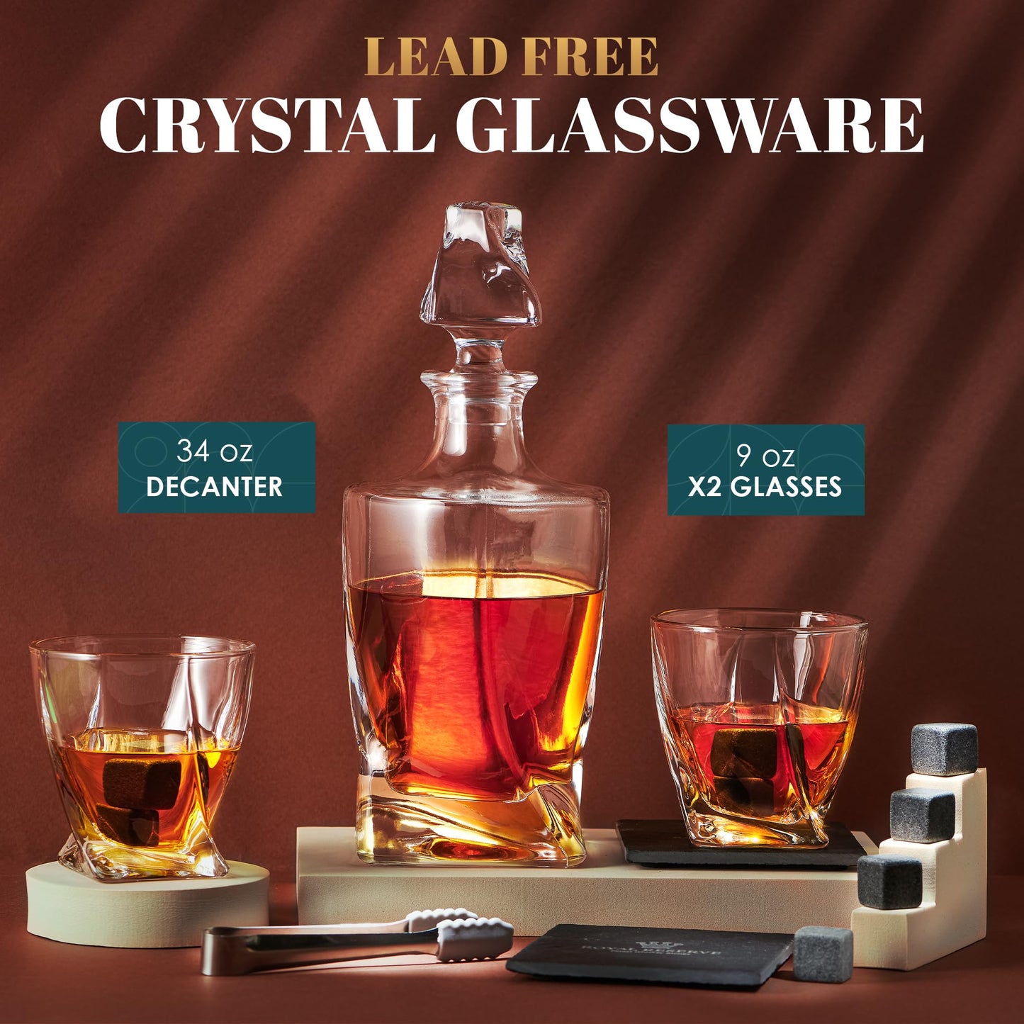 Whiskey Decanter Set by Royal Reserve – Whiskey Gift Set - Twisted Bourbon Decanter 34 oz 1000 ml with Glasses, Whiskey Stones, Coasters, Tongs – Whiskey Gifts for Men, Husband, Dad Christmas