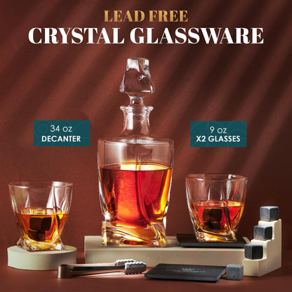 Whiskey Decanter Set by Royal Reserve – Whiskey Gift Set - Twisted Bourbon Decanter 34 oz 1000 ml with Glasses, Whiskey Stones, Coasters, Tongs – Whiskey Gifts for Men, Husband, Dad Christmas