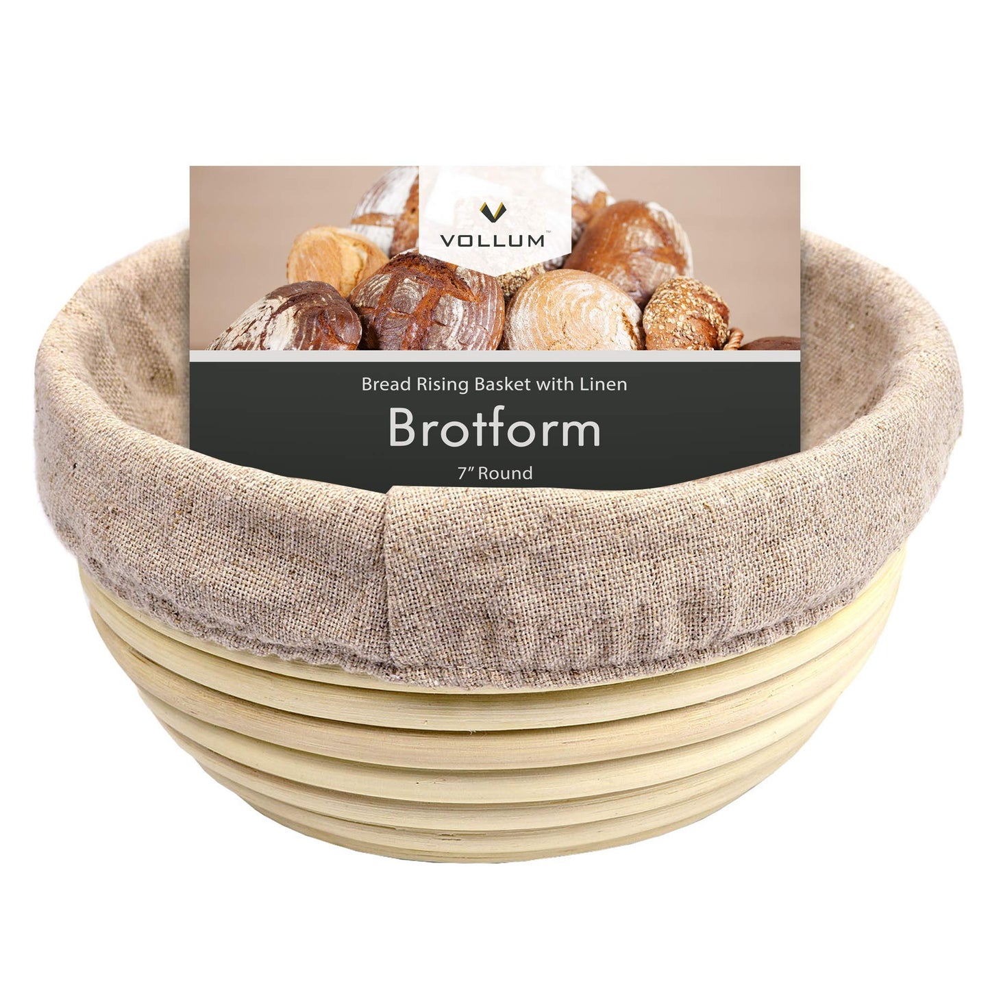 Vollum Bread Proofing Basket Banneton Baking Supplies for Beginners & Professional Bakers, Handwoven Rattan Cane Bread Maker with Linen for Artisan Breads, 7 x 4 Inch, 0.5-Pound Round Brotform