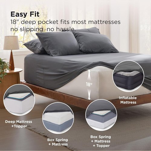 Bedsure Deep Pocket Queen Sheets - Ultra-Soft 6-Piece Set for 18-Inch Mattresses | Breathable Luxury Bedding in Grey