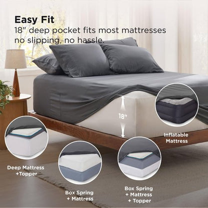 Bedsure Deep Pocket Queen Sheets - 6 Piece, Prewashed Ultra-Soft Queen Sheet Set, Fits Mattresses Up to 18 Inches Thick, Breathable & Secure Fit, Hotel Luxury Bedding, Grey