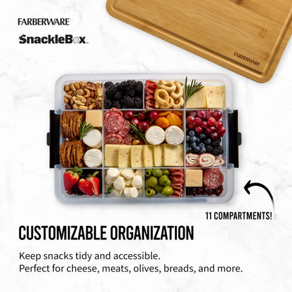 Farberware Build-a-Board Snacklebox with Locking Bamboo Cutting Board Lid, Portable Charcuterie Storage with Compartments,Make it. Take it. Enjoy it., 11x16-Inch, Natural