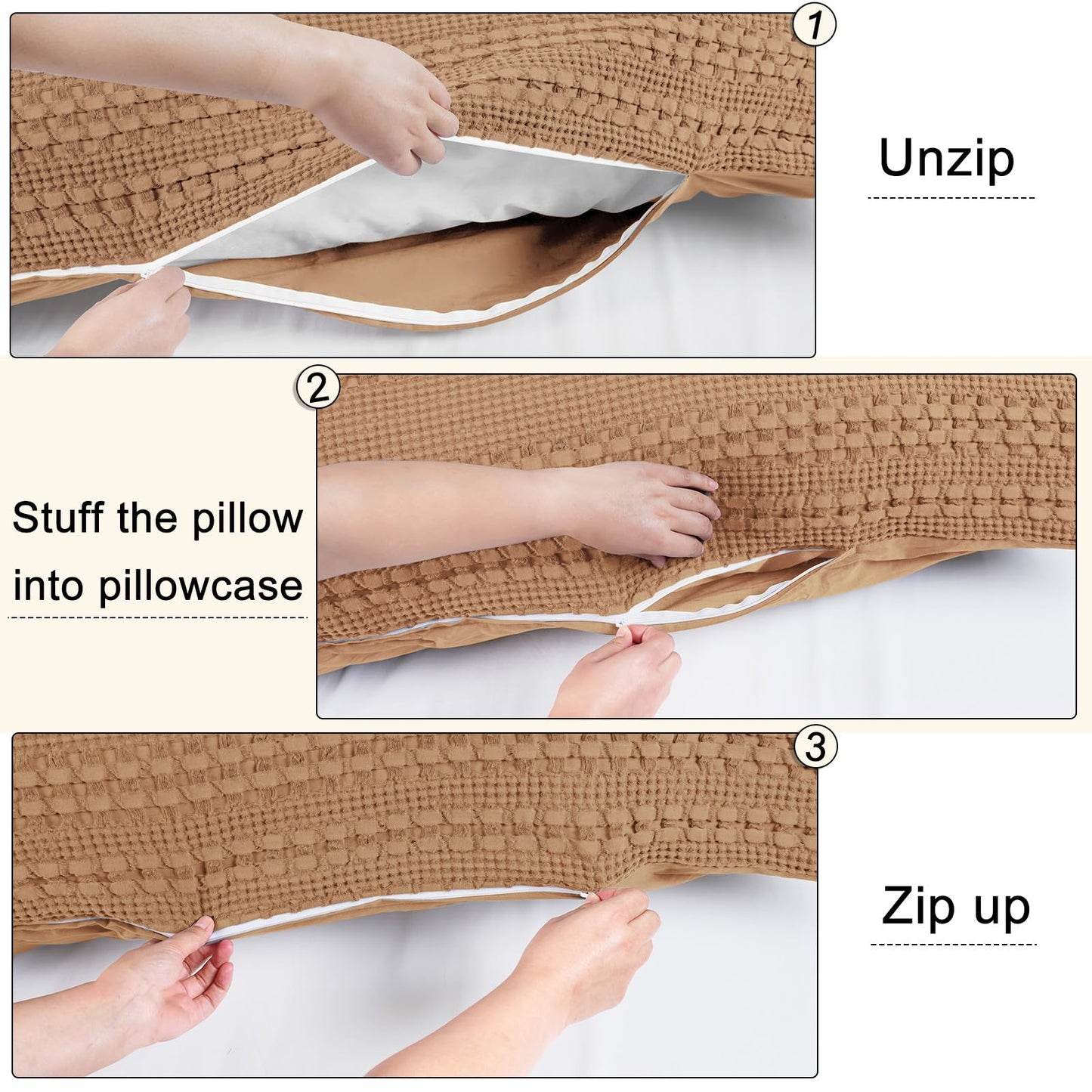 PHF 100% Cotton Waffle Body Pillowcase with Zipper, 1 Pack 20" x 54" Soft Skin-Friendly Pillow Sham, No Filling, Aesthetic Woven and Breathable Waffle Weave Body Pillow Cover for Bed, Clay