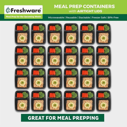 Freshware Meal Prep Containers - 15 Pack 2-Compartment Food Storage Bento Boxes | BPA-Free, Stackable, 28 oz, Black