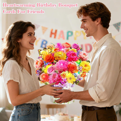 XTF2015 Birthday Cards - 3D Pop-Up Music & Lights | Peony & Butterfly Design, 13 Inch Forever Flower Bouquet