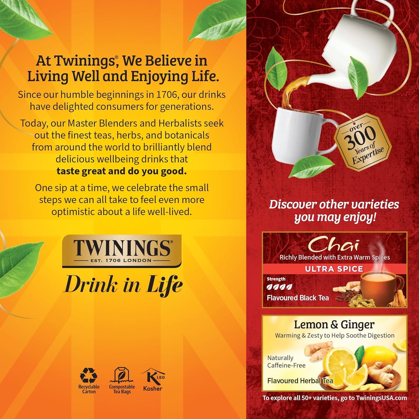 Twinings Chai Black Tea - Individually Wrapped Bags, 25 Count (Pack of 6) | Sweet & Savory Spices, Caffeinated