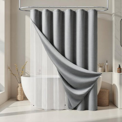 Dynamene Extra Long Shower Curtain and Liner Set - 84 inch Tall Waffle Fabric, Waterproof Clear Liner, Heavy Duty Weighted Hotel Luxury Shower Curtains for Bathroom with 12 Hooks, 72x84, Grey