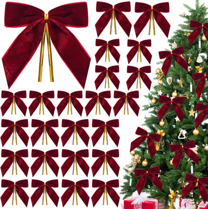 Tsorode Burgundy Velvet Bows - 24 Pcs Dark Red Christmas Tree Ornaments | Rustic Holiday Decor, 3.5 x 3.5 Inch
