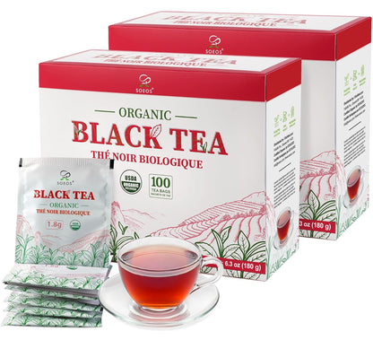 Soeos Organic Black Tea Bags - Bold Aroma & Smooth Flavor | 6.3oz (180g) Pack of 2