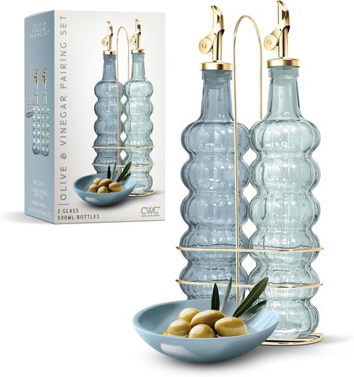 COOK WITH COLOR Glass Olive Oil Bottle Dispenser - 17oz Elegant Waves Carafe - 2 Pack in Blue