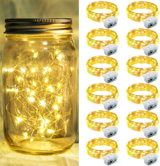 Skiennix 12 Pack Fairy Lights - 7Ft 20 LED Twinkle String Lights | Battery Operated & Waterproof for Weddings, Parties & Home Decor - Warm White