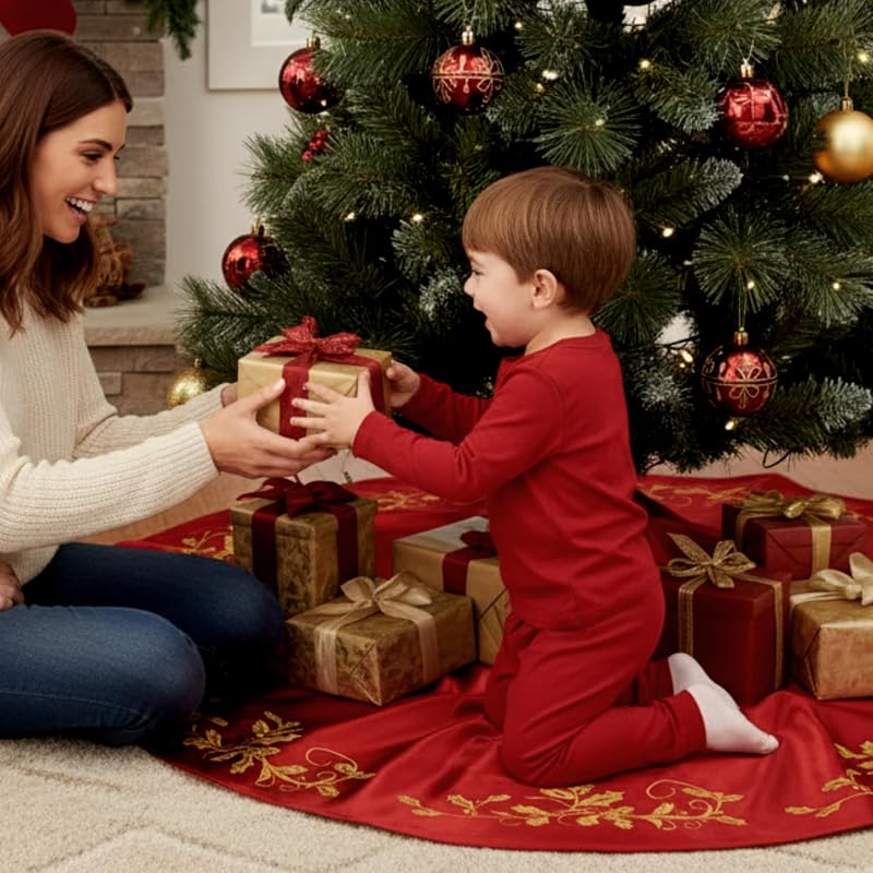 Burgundy 48-Inch Satin Christmas Tree Skirt with Gold Holly Embroidery - Variation of Burgundy
