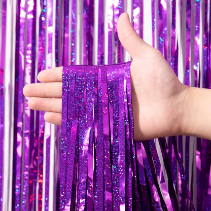 Voircoloria Laser Purple Foil Fringe Backdrop Curtains - 3 Pack Tinsel Streamers for Parties & Events