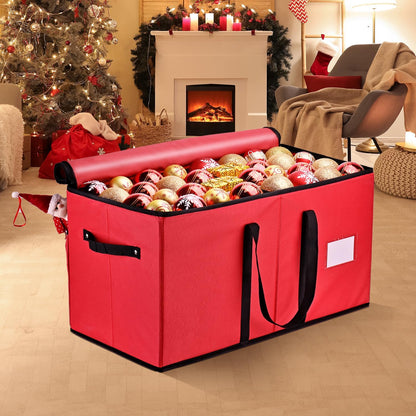 Mrrihand Ornament Storage Box - Dual Zipper Holiday Decoration Organizer for 128 3-Inch Ornaments (Red)
