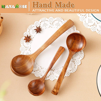 Skiennix Wooden Ladle - Natural Teak Cooking Spoon Set | Non-Stick, 3 Sizes for Soup & More