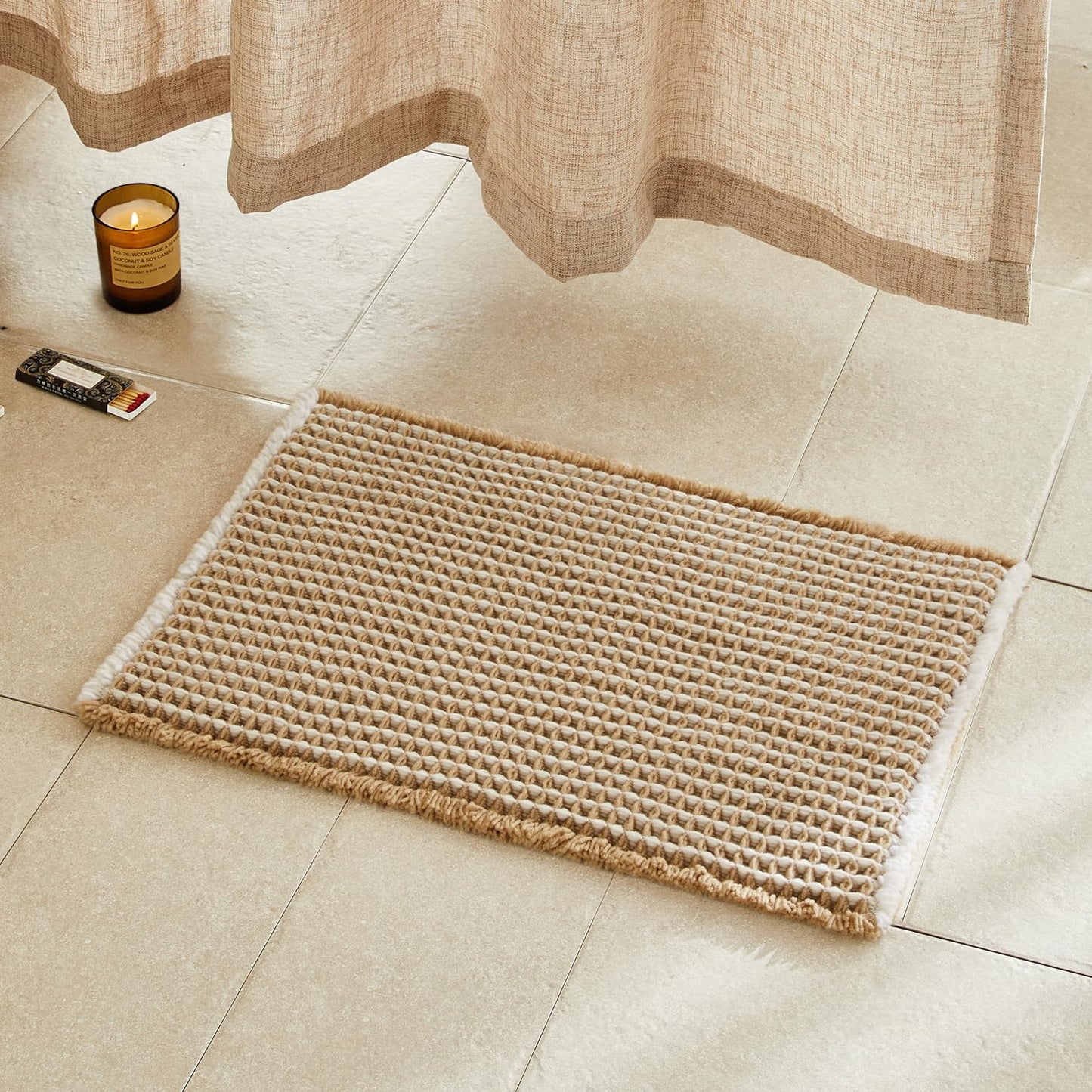 TYUU Waffle Bath Mat, Boho Bathroom Rugs Non Slip Washable Super Absorbent Quick Dry Bath Mat Farmhouse Bathroom Decor, 24"x16" Khaki and White