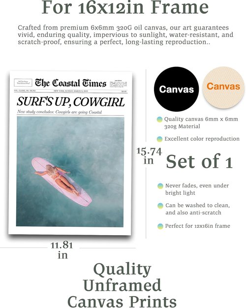 iHery Coastal Cowgirl Wall Art Decor - Trendy Unframed Canvas Print, 12x16in Retro Surfer Design