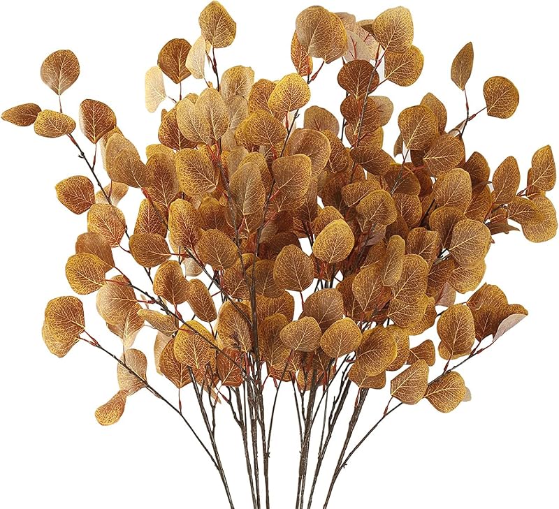 Fall Eucalyptus Leaves Stems – 6 Pcs Artificial Silk Silvery Dollar Leaves , Dark Yellow Variation