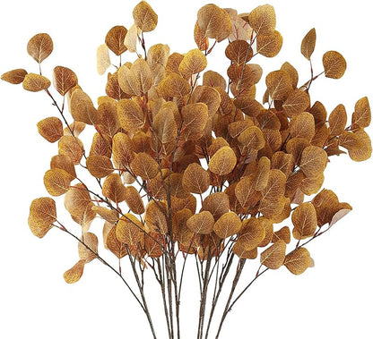 Fall Eucalyptus Leaves Stems – 6 Pcs Artificial Silk Silvery Dollar Leaves , Dark Yellow Variation