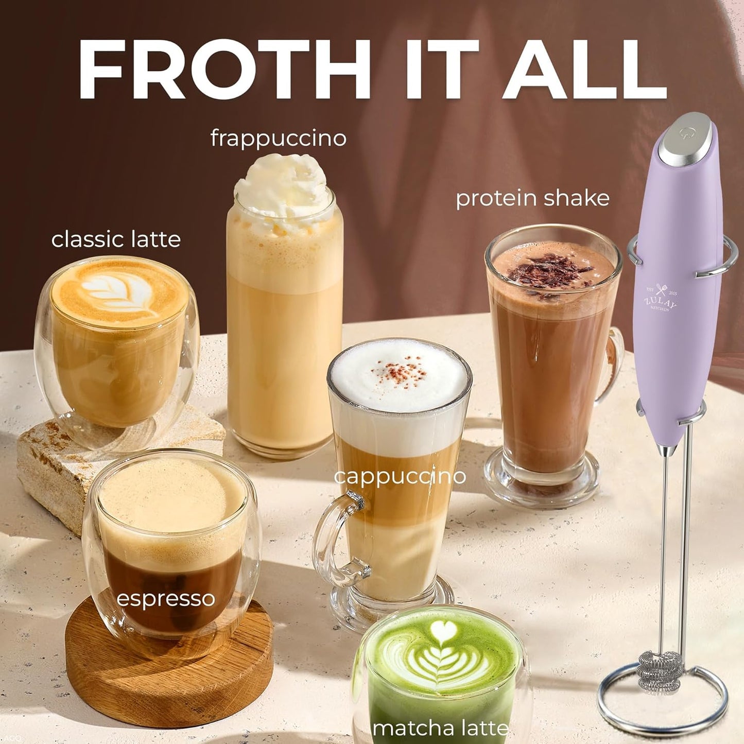 Zulay Kitchen Tornado Triple Whisk Milk Frother - Handheld Foam Maker for Rich, Creamy Coffee & Lattes - Lilac Color with 4 Duracell Batteries