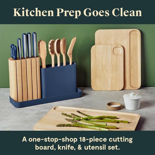 Caraway Kitchen Prep & Cutting Board Set - Non-Toxic Wooden Utensils & Knives - 3 Cream Boards with Organizers
